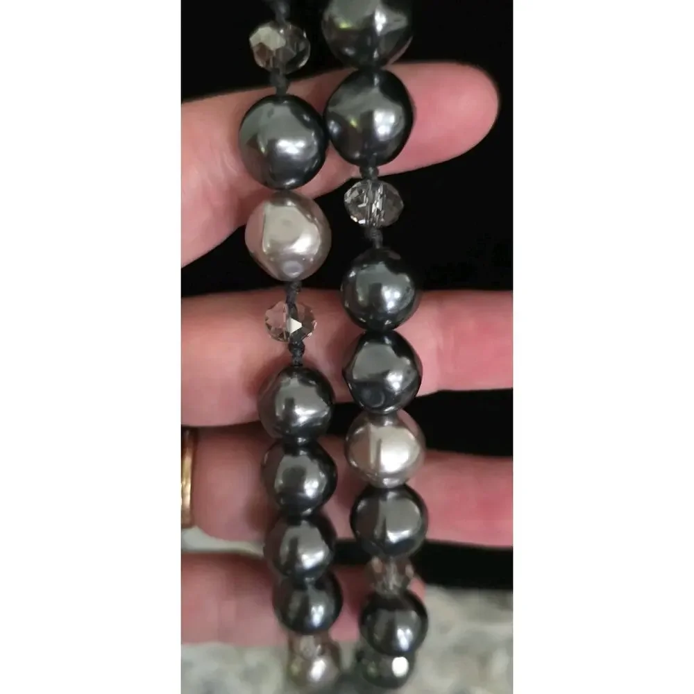 Chico's Signed Necklace Long 2 Layer Beaded Charcoal Silver Gunmetal Statement